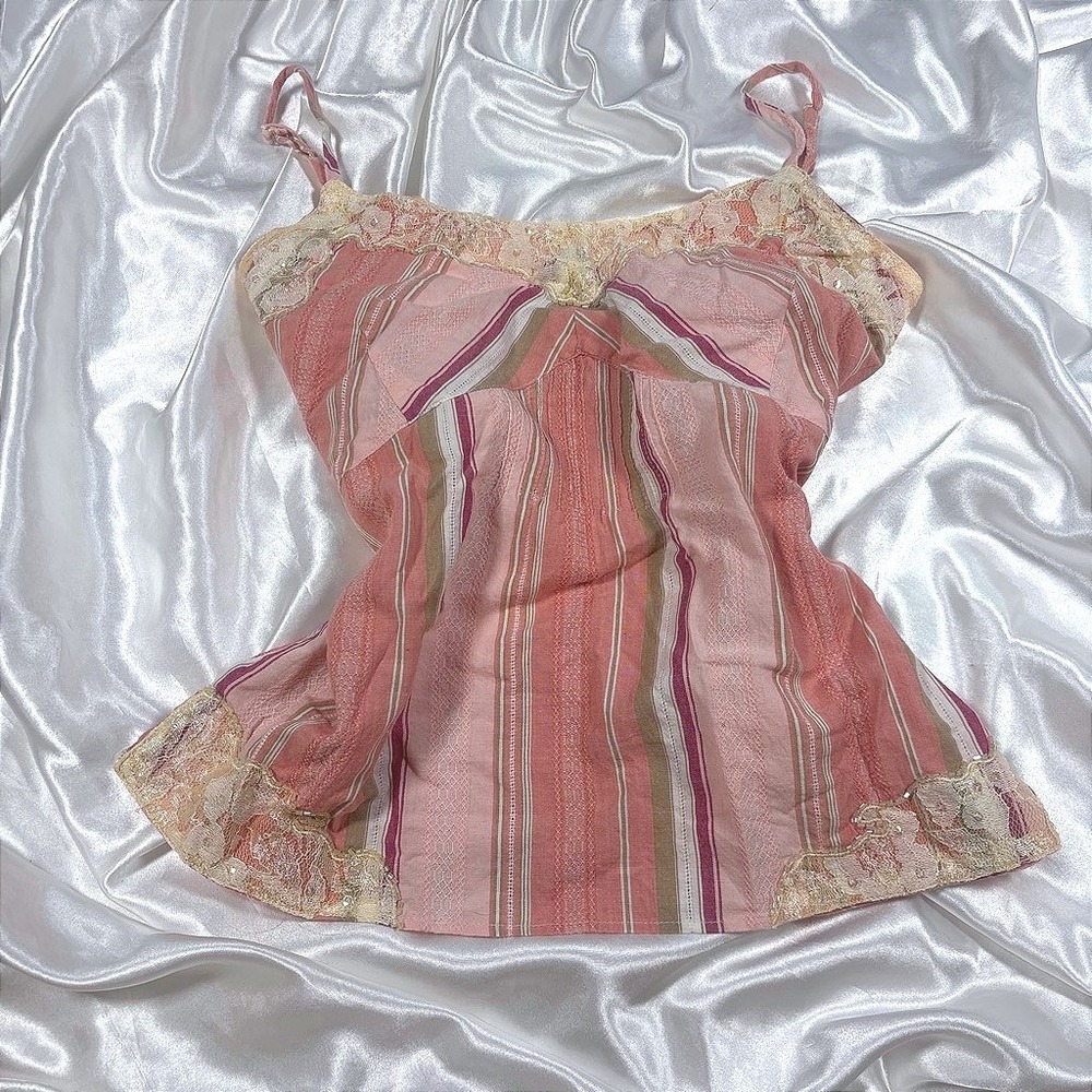 y2k Cami Top Pink Excellent Striped Lace Sequin Cotton Passport L